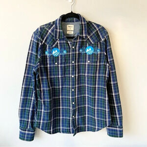 Gap Slim Fit Western  Blue Green Plaid Shacket